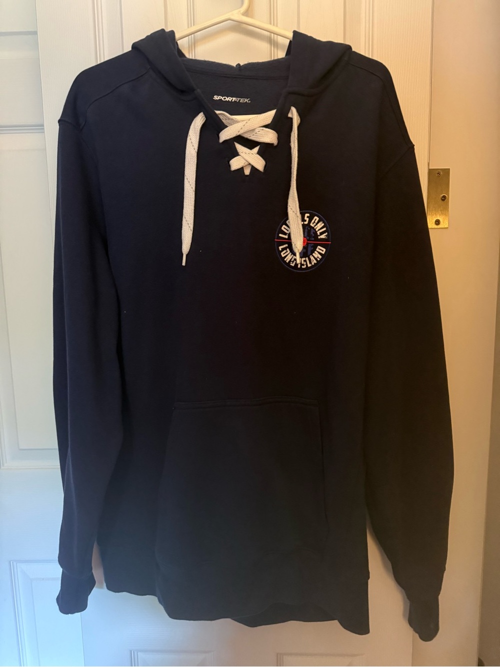 Sport-Tek Navy Lace-Up Hoodie with White Drawcords